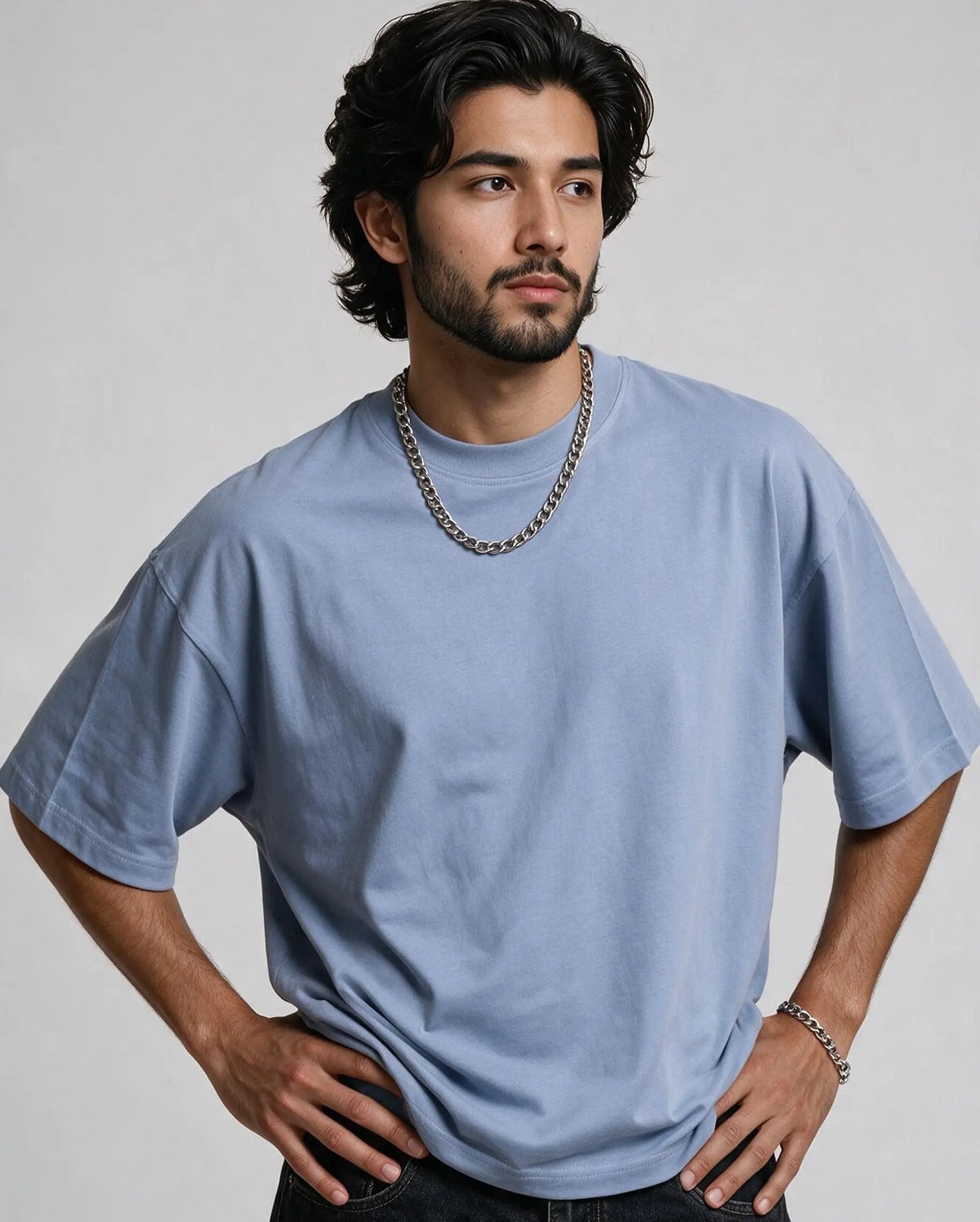 Blue oversized drop-shoulder t-shirt, front view